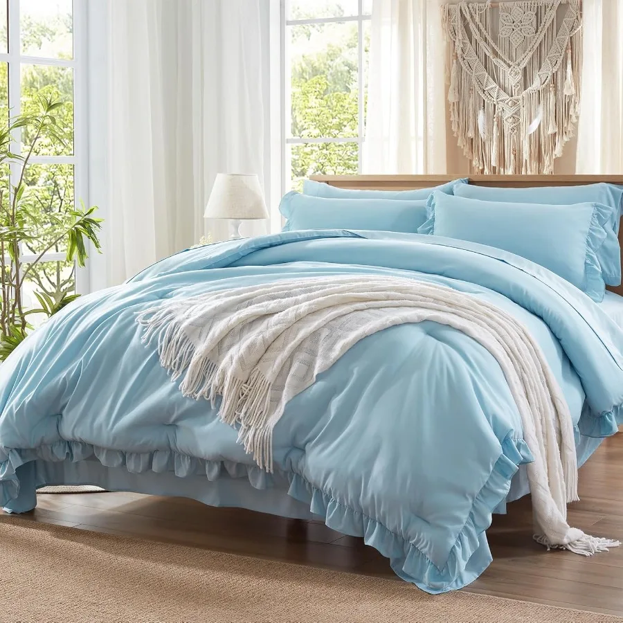 

Blue Bed in a Bag 7 Piece All Season Ruffle Shabby Chic Bedding Set with Sheets Comforter Pillow Shams Pillowcases Flat Sheet F