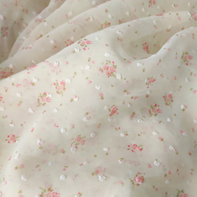 1.5m Wide Blue Pink Apricot Flocking Polka Dot Chiffon Printing Fabric Small Floral Home Background Dress Fabric SC229