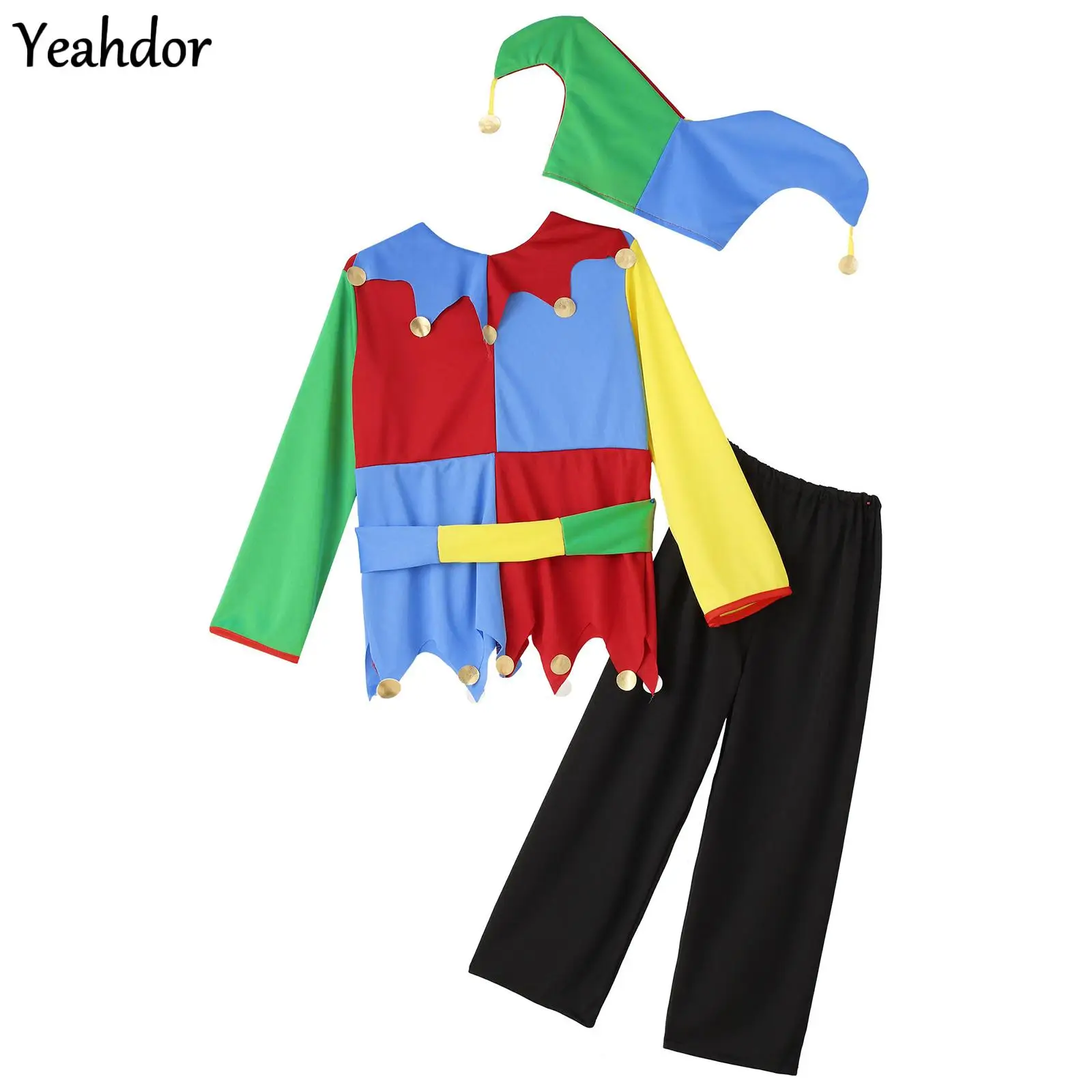 

Girls Boys Clown Cosplay Costumes Colorful Patchwork Circus Clown Dress with Hat Pants Halloween Carnivals Performance Outfit