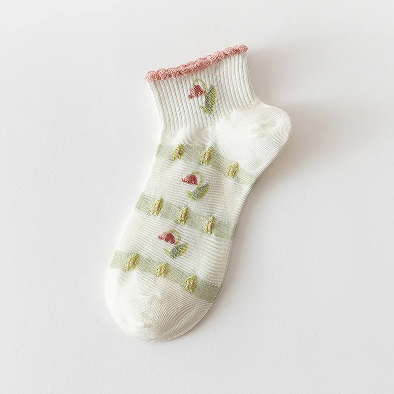 5 Pairs Tulip Women Socks Kawaii Floral Cotton Short Socks Cute Low Cut Ankle Korean Japanese Fashion Socks Girl
