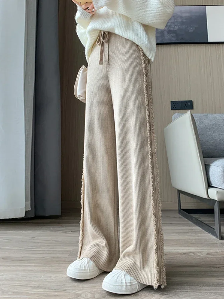 High Waist Pants for Women 2024Autumn Casual Solid Tassel Knitted Wide Leg  Elastic Floor Trousers Women's Clothing Z213