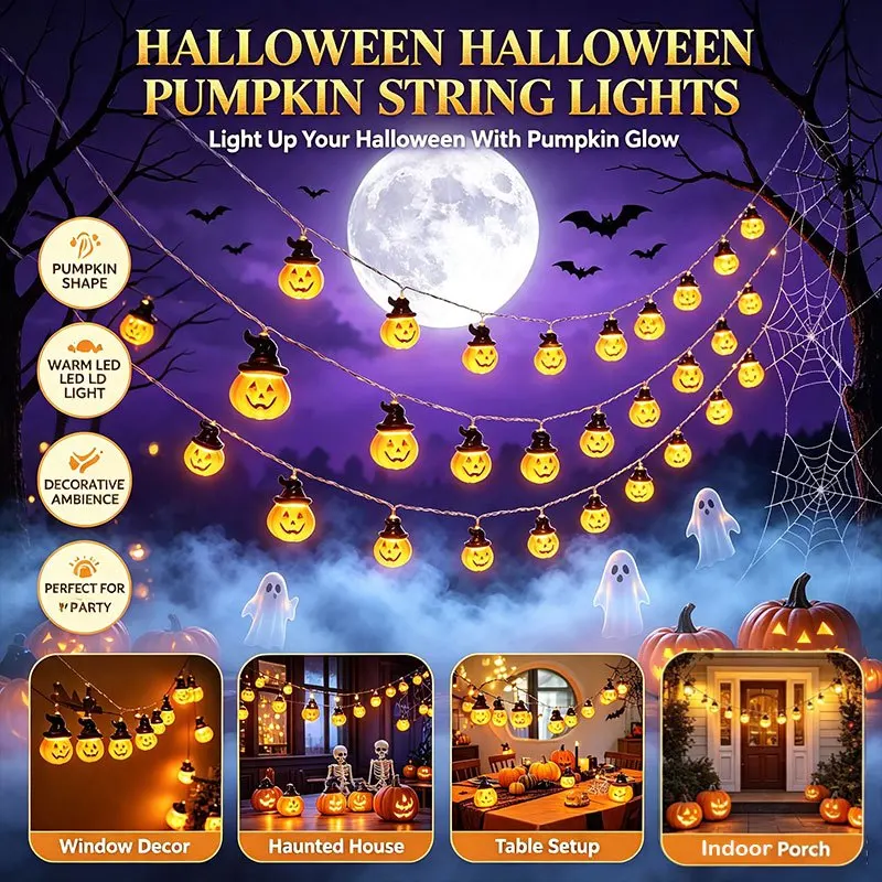 3D Pumpkin Halloween String Lights, Battery Powered LED Fairy Lights for Halloween Decorations Fireplace Mantel, Window, Bedroom