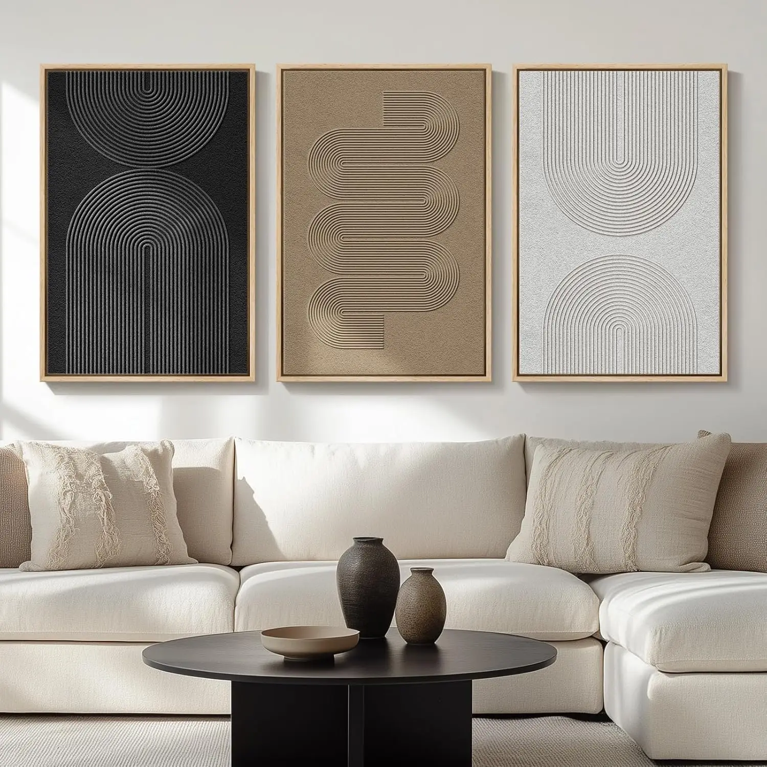 Set of 3 Framed Black White Boho Geometric Abstract Canvas Wall Art Prints 24 X 36 Inch, Neutral Shape Wall Decor for Living Room Bedroom Dining Room Office Indoor Home Display