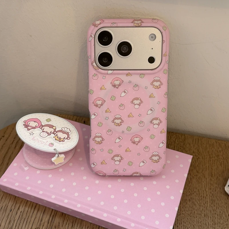 Kawaii Cartoon Monkey Magnetic Phone Case For iPhone 17 Pro 16 15 14 Pro Max Cover with Magsafe Stand Cute Holder Korean Cases view 5