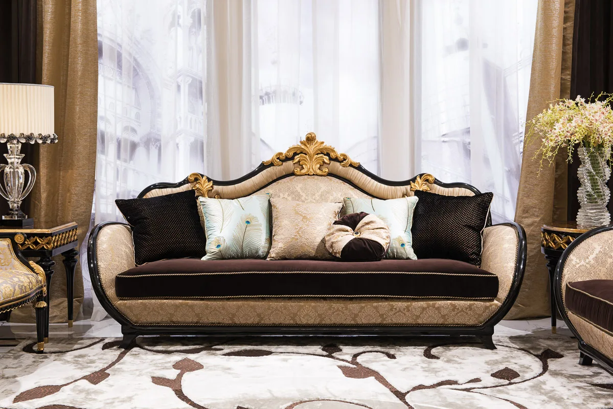 

Royal European Style Sofa Flower Leather Victorian Vintage Classic Sofa Furniture Gold Carved Classic Wooden Sofa