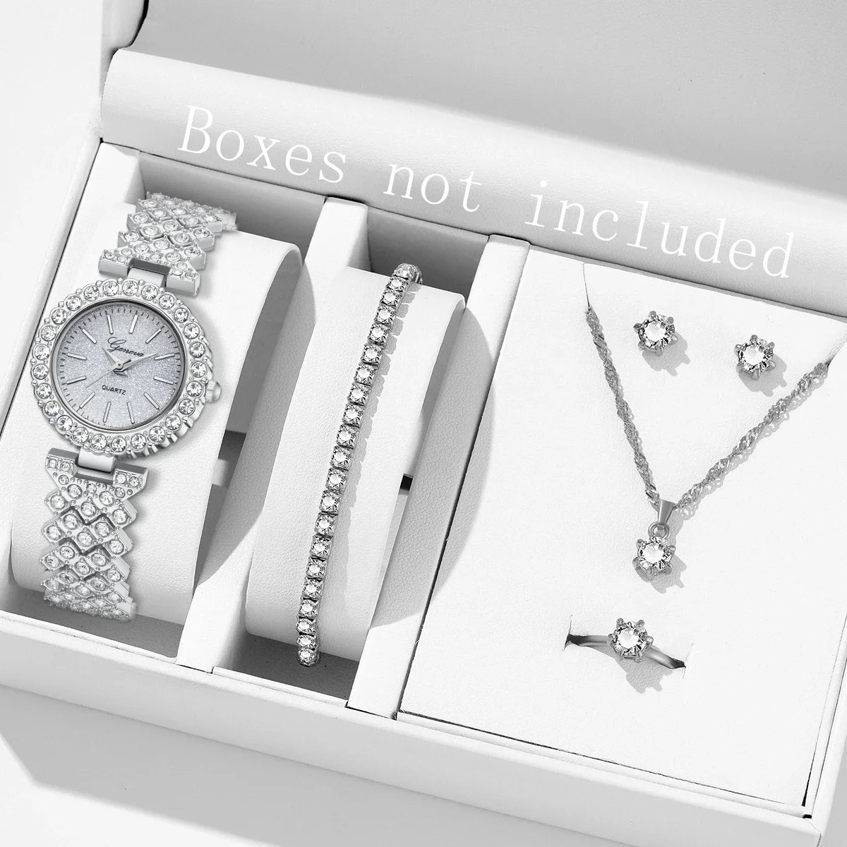 

6PCS Silver Women's Watch Set Luxury Fashion Quartz Watch Bracelet Necklace Earrings Set Perfect Gift for Friends or Moms