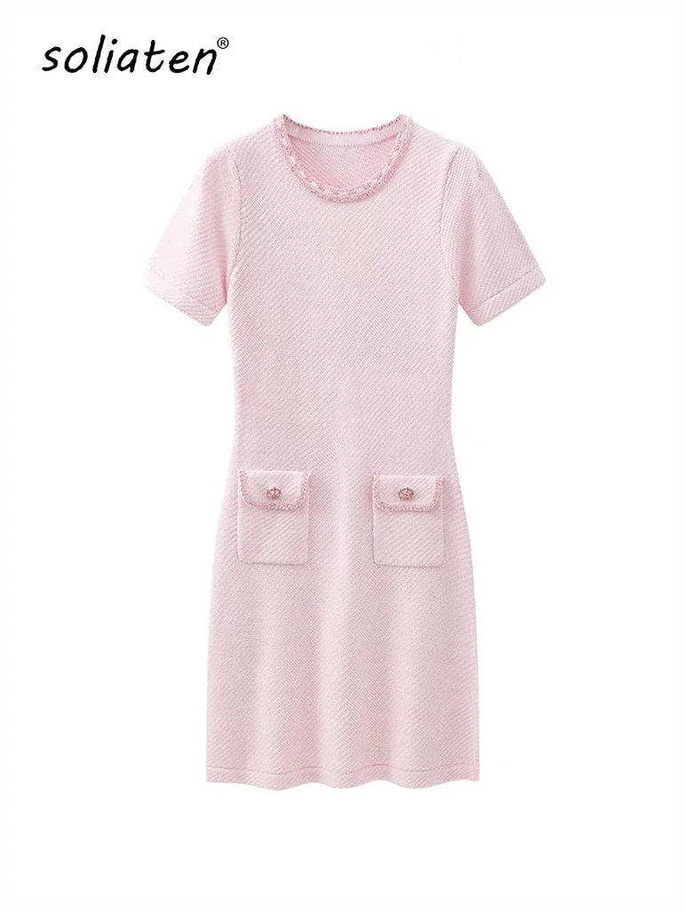 Pink Knitted Dress Women Round Neck Short Sleeve Diamond Button Sweet Female Mini Dress With Pocket C-100