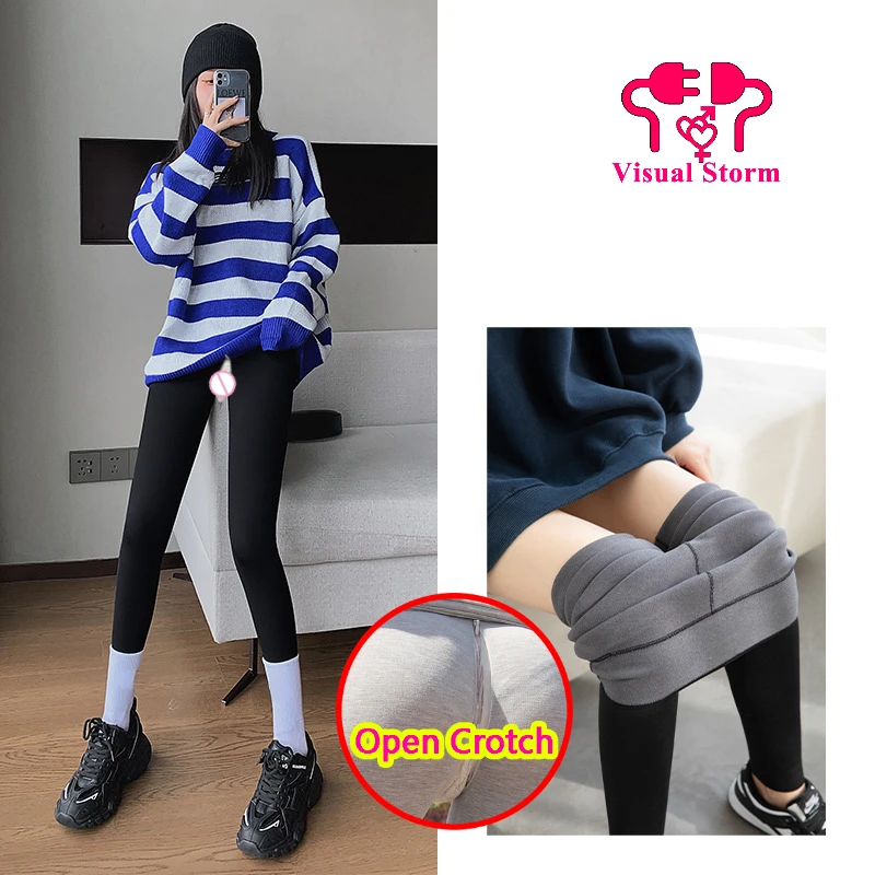 Women Open Crotch Sexy Winter Gym Leggings Thick Sport High Rise Clubwear Yoga Fitness Crotchless Pants Hidden Zippers Trousers