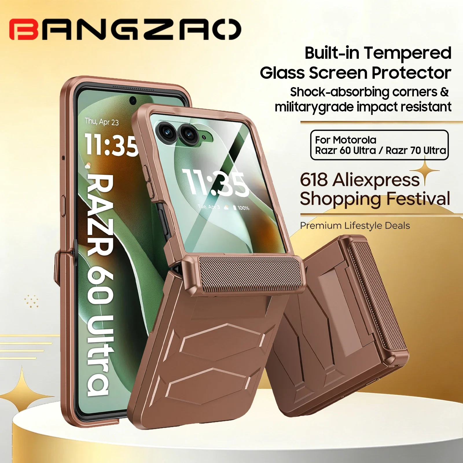 

618 Sale!For Motorola Razr 60 Ultra/70 Ultra Built-in HD Tempered Glass,Military Grade Drop Proof,Hinge Protection Case-Gold