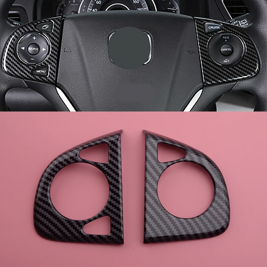 CITALL ABS 2pcs Black Carbon Fiber Style Steering Wheel Button Cover Trim Fit For Honda CRV CR-V 2012 2013 2014 2015 2016