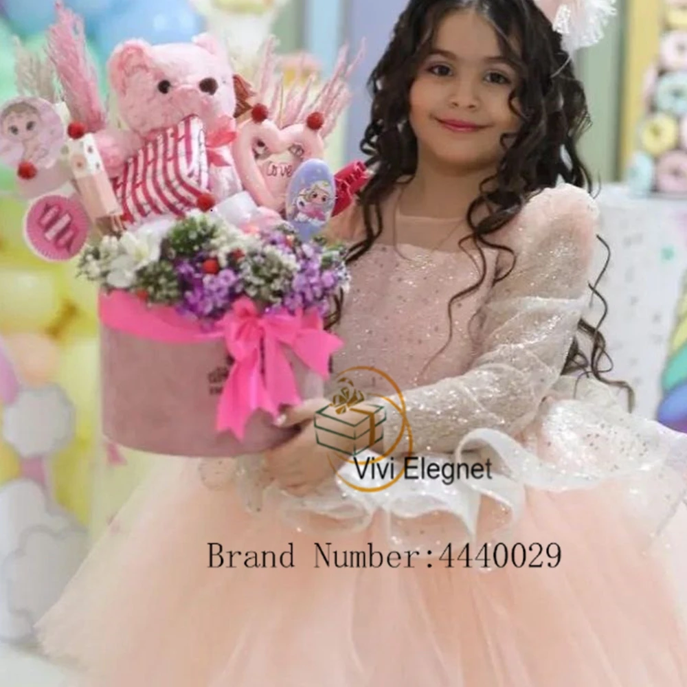 Charming Full Sleeve Flower Girl Dresses 2023 Summer Sequind Tiered Pink Wedding Party Gowns with Sequined  Scoop فساتين اطفال ل