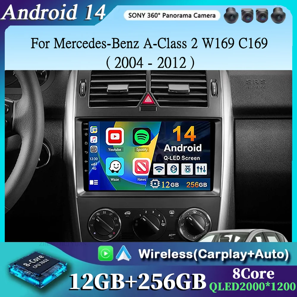 For Mercedes-Benz A-Class 2 W169 C169 2004 - 2012 2K 12+256 QLED Android 14 CarPlay Car Radio Multimedia Video Player GPS stereo