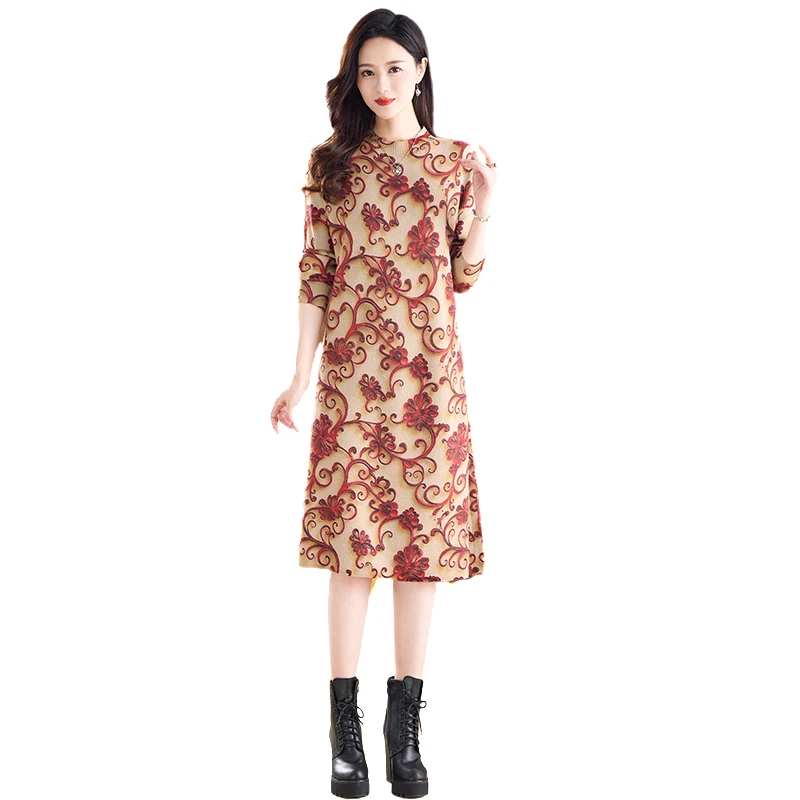 2024 New Autumn Winter Women O-Neck Long Sleeve Loose Fit Knee-Length Sweater Dress Elegant Floral Print Knitted Base Dress