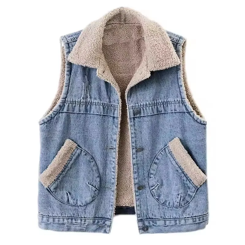 

Fashion Lamb Wool Jean Vest Women Autumn New Sleeveless Jacket Fleece Liner Short Denim Waistcoat Lapel Warm Plush Tops Street
