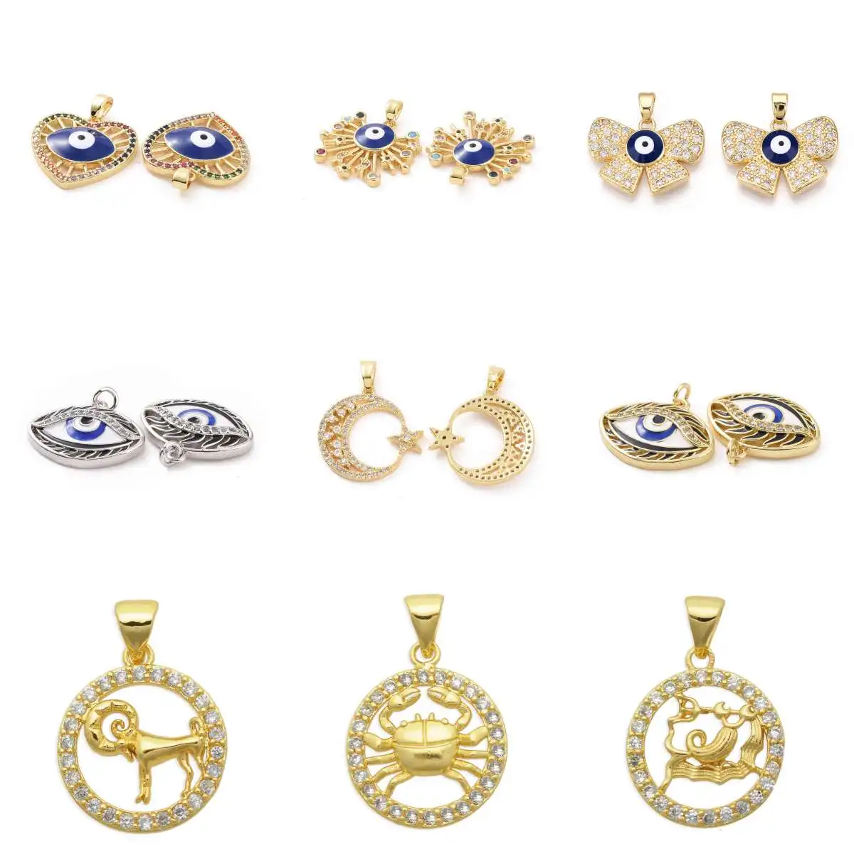 

3pcs Fashionable Brass Micro Pave Cubic Zirconia Pendants, Evil Eye Fine Jewerly Golden