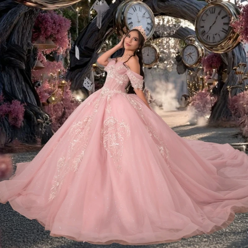 

Pink Quinceanera Dresses Off The Shoulder Applique Lace Beading Crystal Tull Party Birthday Sweet 16 Dress Vestidos 15 De Anos