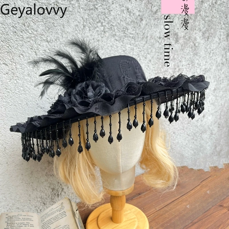 일본식 오리지널 로리타 수제 고딕 진주 드리 워진 레이스 모자 달콤한 소녀 검은 꽃 깃털 사진 액세서리