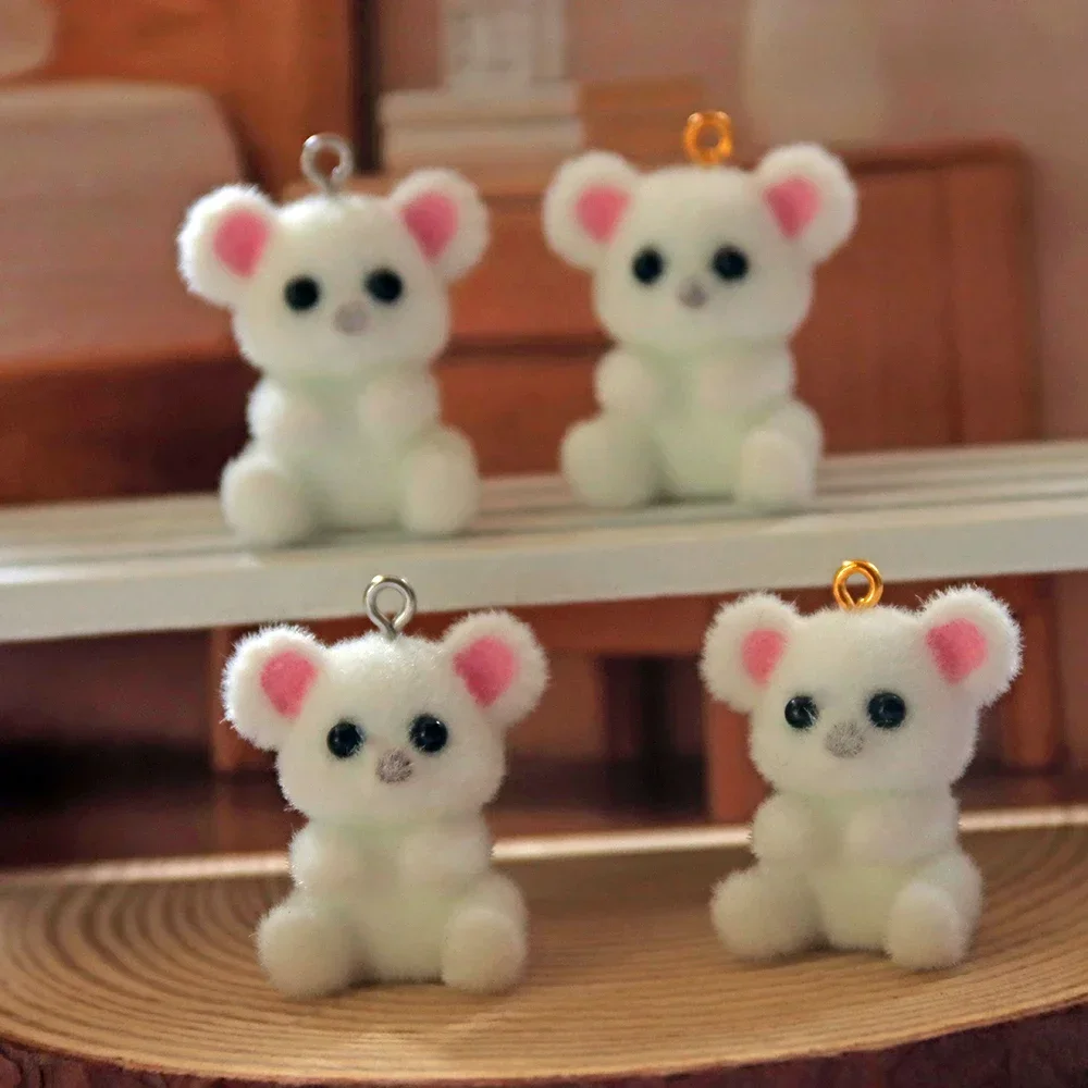 20Pcs 3D Cute Flocked Bear Charms Cartoon Animal Plush Resin Pendant For Phone Bag Keychain Earrings Necklace Diy Jewelry Make