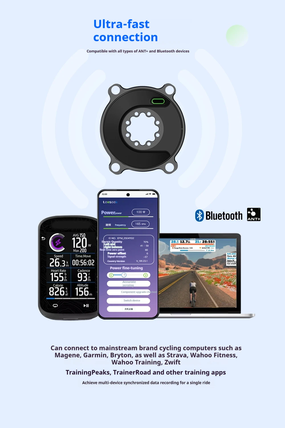 Leoseek MTB Spindel-Leistungsmesser | 3/8-Zoll-Achse mit ANT+ Bluetooth 4.0-Konnektivität, kompatibel mit Shimano SRAM Easton Kurbelgarnituren – Detail 6
