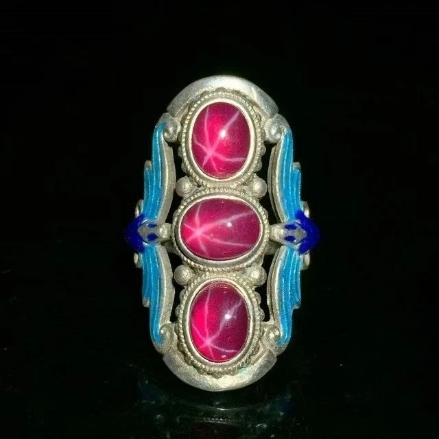 

Antique Collection Cloisonne Old Silver Ring Seiko Inlaid Starlight Gemstone Miao Silver Open Ring Gift Silver Jewelry