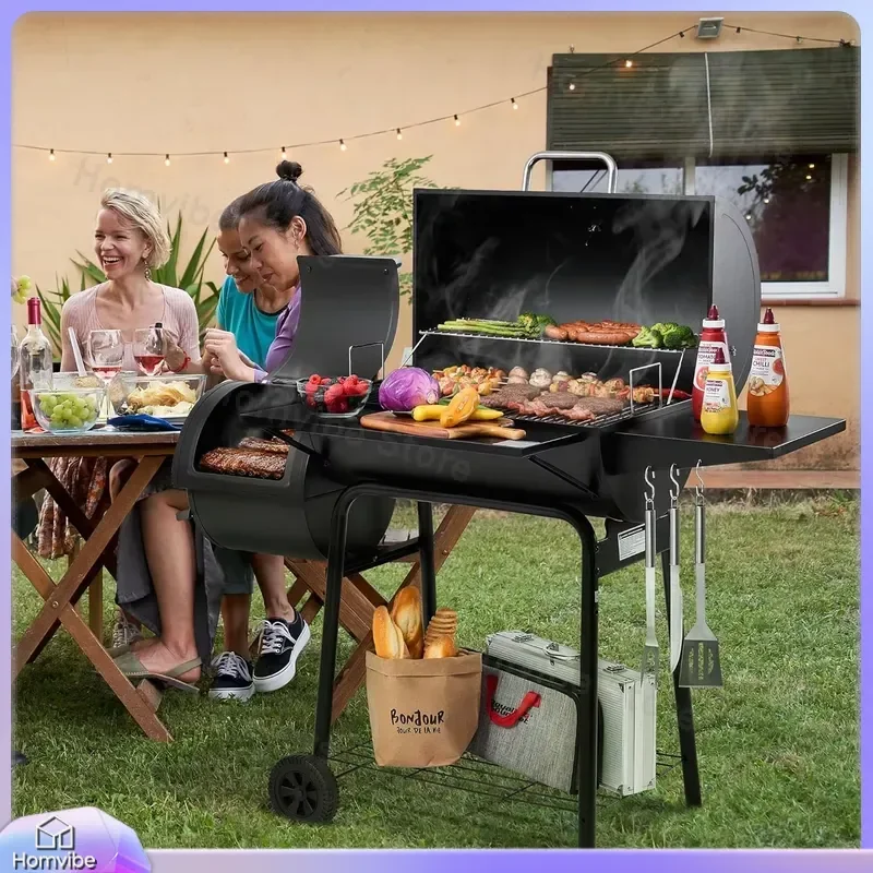 Charcoal Grill Offset Smoker with Large Cooking Area Barrel BBQ Grill Smoker Combo Outdoor Portable Backyard Patio Camping