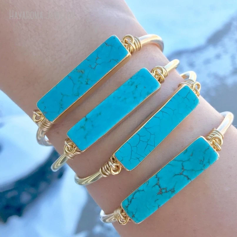 10Pcs Gold Color Howlite Bar Bracelet Cuff Boho Turquoises Stainless Steel Bangle Minimalist Women Jewelry Gift