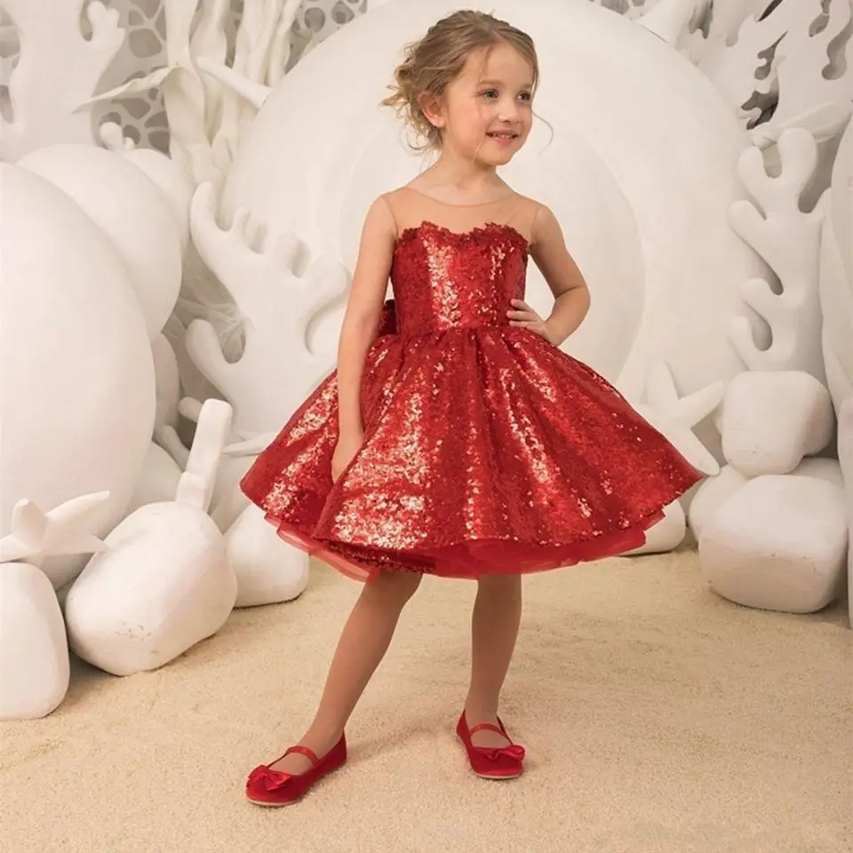 

Princess Red Sequin Flower Girl Dress Knee Length O Neck With Bow Kids Birthday Party Dress Puffy Ball Gowns Beauty Pageant Wear