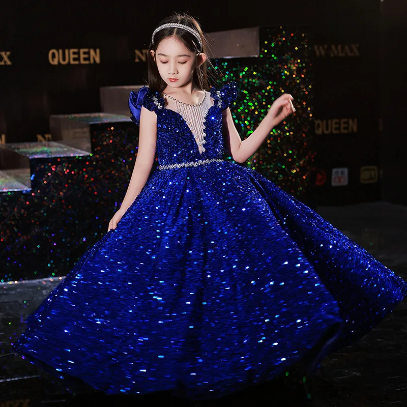 

Blue Sequin Long Dress for Baby Girl Kid 2 To 12 Year Formal Red Puffy Dresses Evening Luxury Party Korean Children Gown Wedding