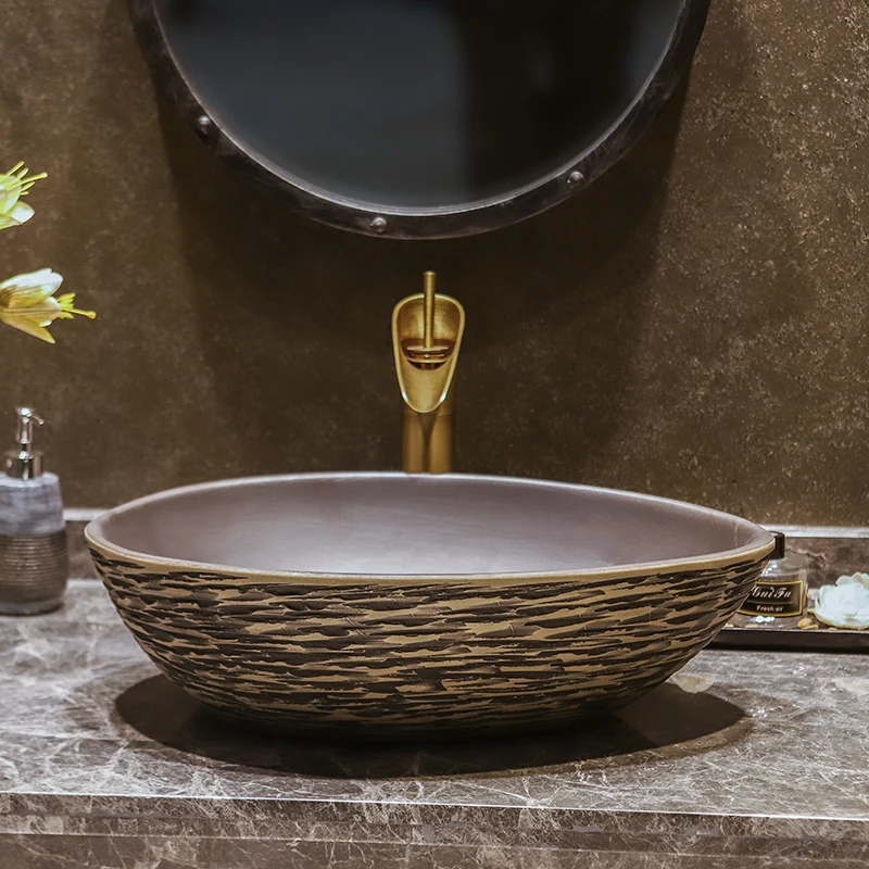 Gold Antique Luxury Bathroom brass single hole copper hot and cold basin faucet Jingdezhen bathroom sinks gold faucet