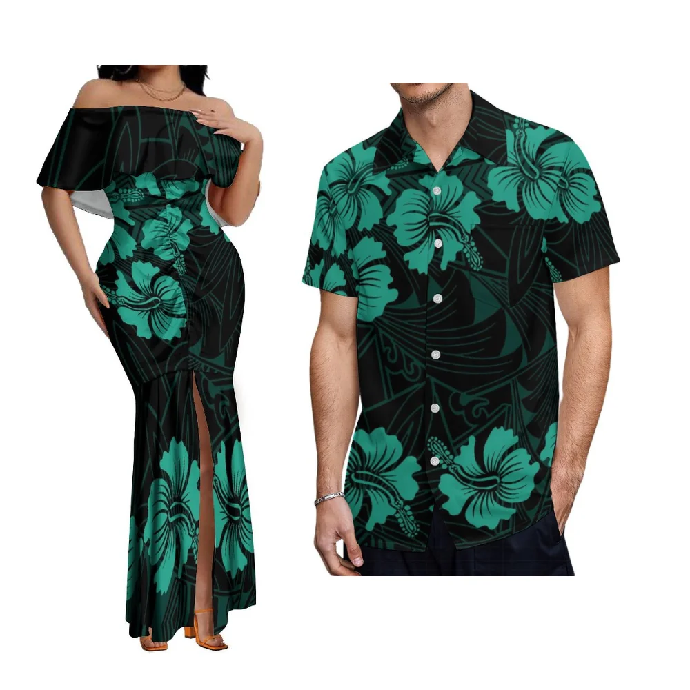 الصيف جزيرة نمط زوجين دعوى كوكتيل حفلة أنيقة المرأة واحدة الكتف ذيل السمكة فستان جزيرة البولينيزية ساموا وقميص رجالي