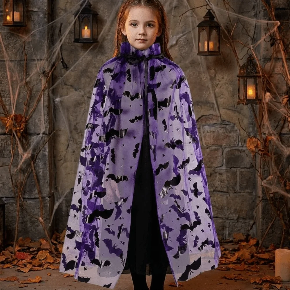 Retro Spider Web Halloween Tulle Cape Bat Long Kids Mesh Cloak Soft Polyester Cosplay Bridal Costume Photoshoot
