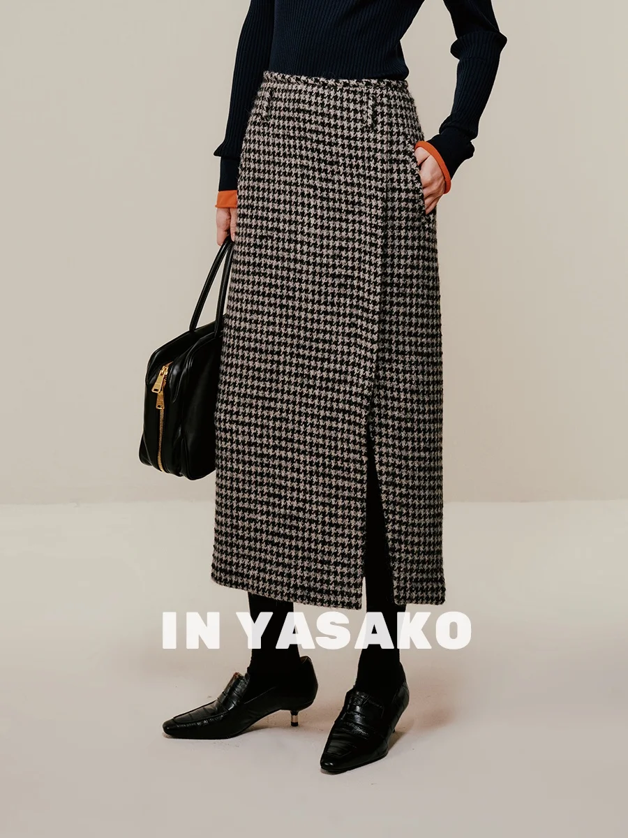 

Yasako British Retro Plaid Wool Blend Slimming Midi Skirt Versatile Knitted Straight Cut A-Line Skirt for Women in 2023 Autumn