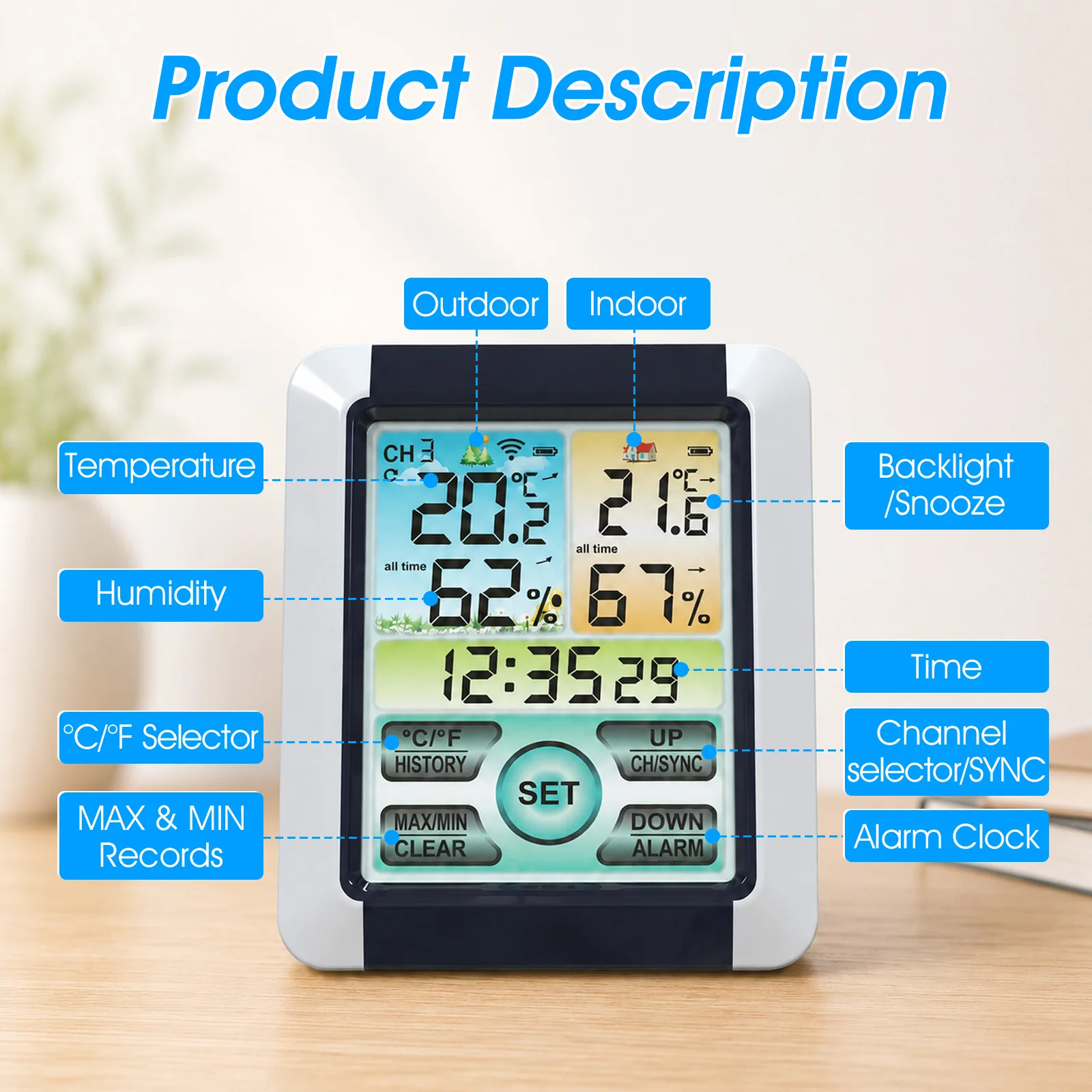 Wireless Weather Station Indoor Outdoor Thermometer Hygrometer 3 Channels 100m Range with Alarm Clock for Home
