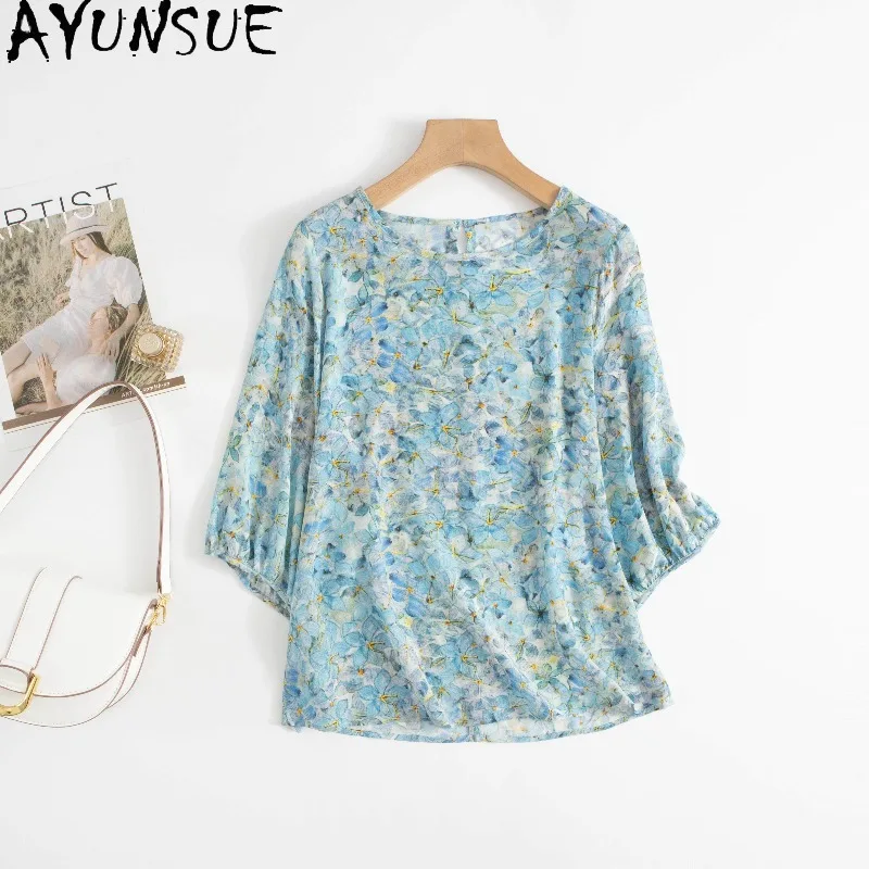 

AYUNSUE 100% Silk Pullover Blouse Femme Elegant Floral Tops for Woman O-neck Blue Blouses Summer Clothes Woman 2026 Ropa Mujer