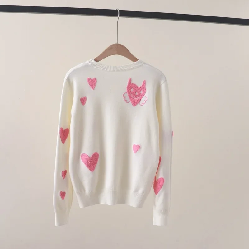 Autumn and Winter New Cute Youth-Looking Full-Body Love Flocking Embroidered Crew Neck Long-Sleeved Knitted Sweater Pullover Bot