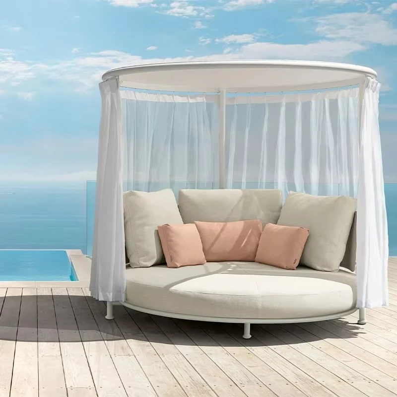 Outdoor White Canopy Pool Lounge Chair Wooden Hotel Luxury Teak Wood Cabana Aluminium Rattan Sun Lounger With Shade