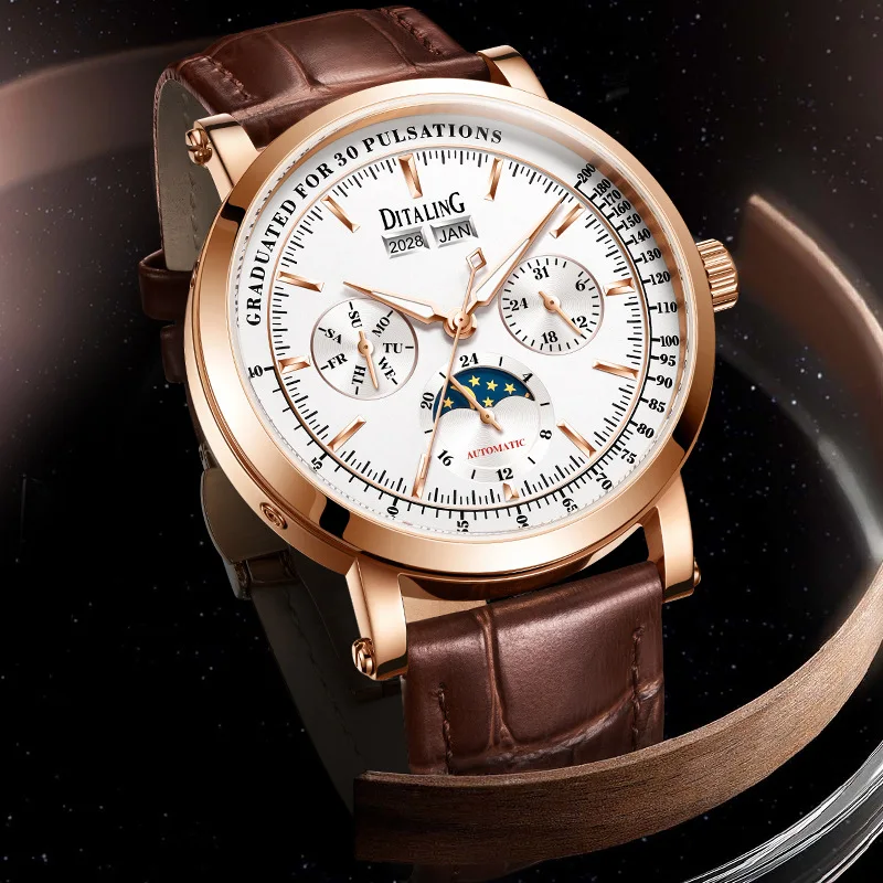 DITALING Men Automatic Watch 43mm Luxury Mechanical Wristwatch Waterproof Sapphire Multifunctions Dial Big Date Window