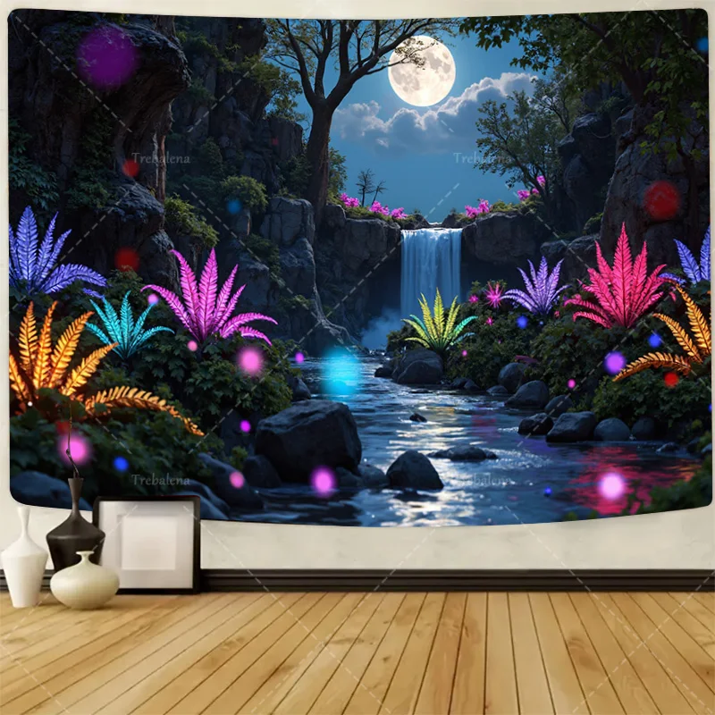 

1шт настенный гобелен зачарованный лунный гобелен-водопад со светящимися неоновыми папоротнями и камнями