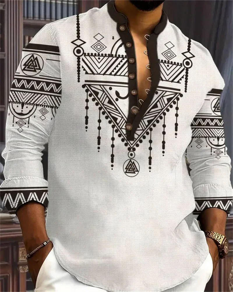 

New Men's Henry Collar Linen Long Sleeve Casual Shirt Ethnic Print High Quality Top Fits Everyday