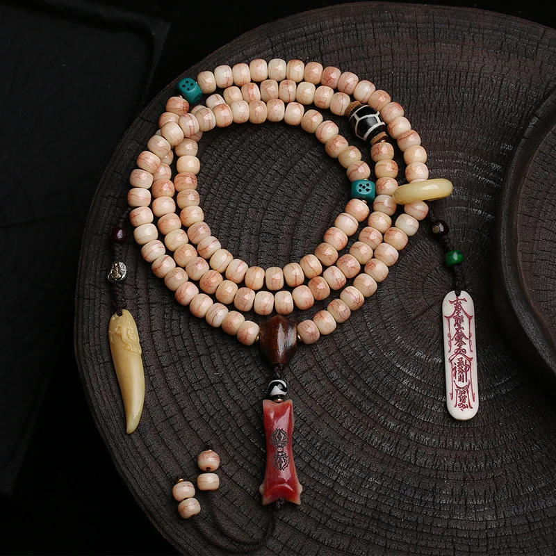 Natural Pink Blood Camel Bone Barrel Bead 108-Bead Buddhist Prayer Beads Multi-Strand Bracelet with Agate Antler Accessories