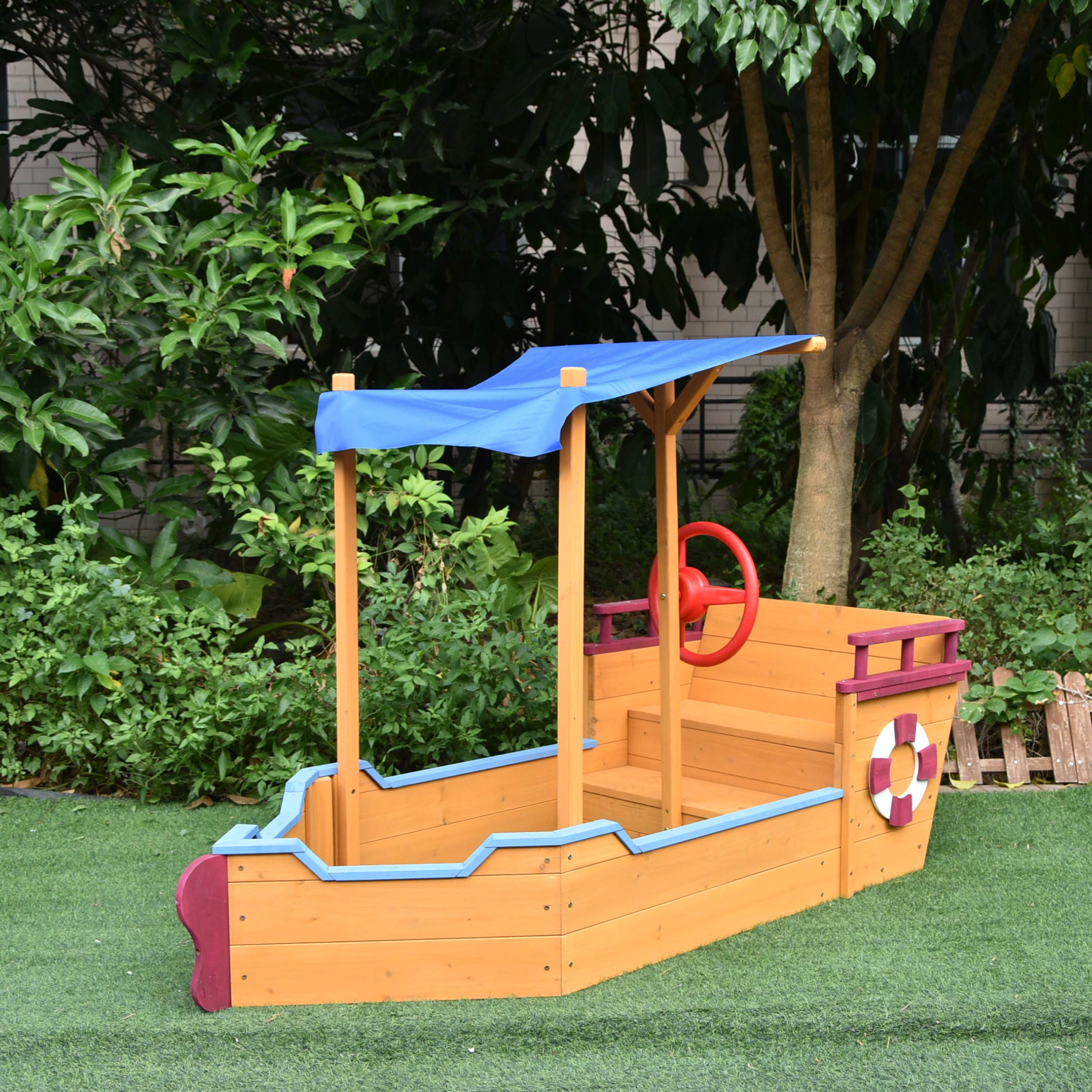 Pirate Ship Sandbox with Cover and Rudder, Wooden Sandbox with Storage Bench and Seat, Wholesale Price