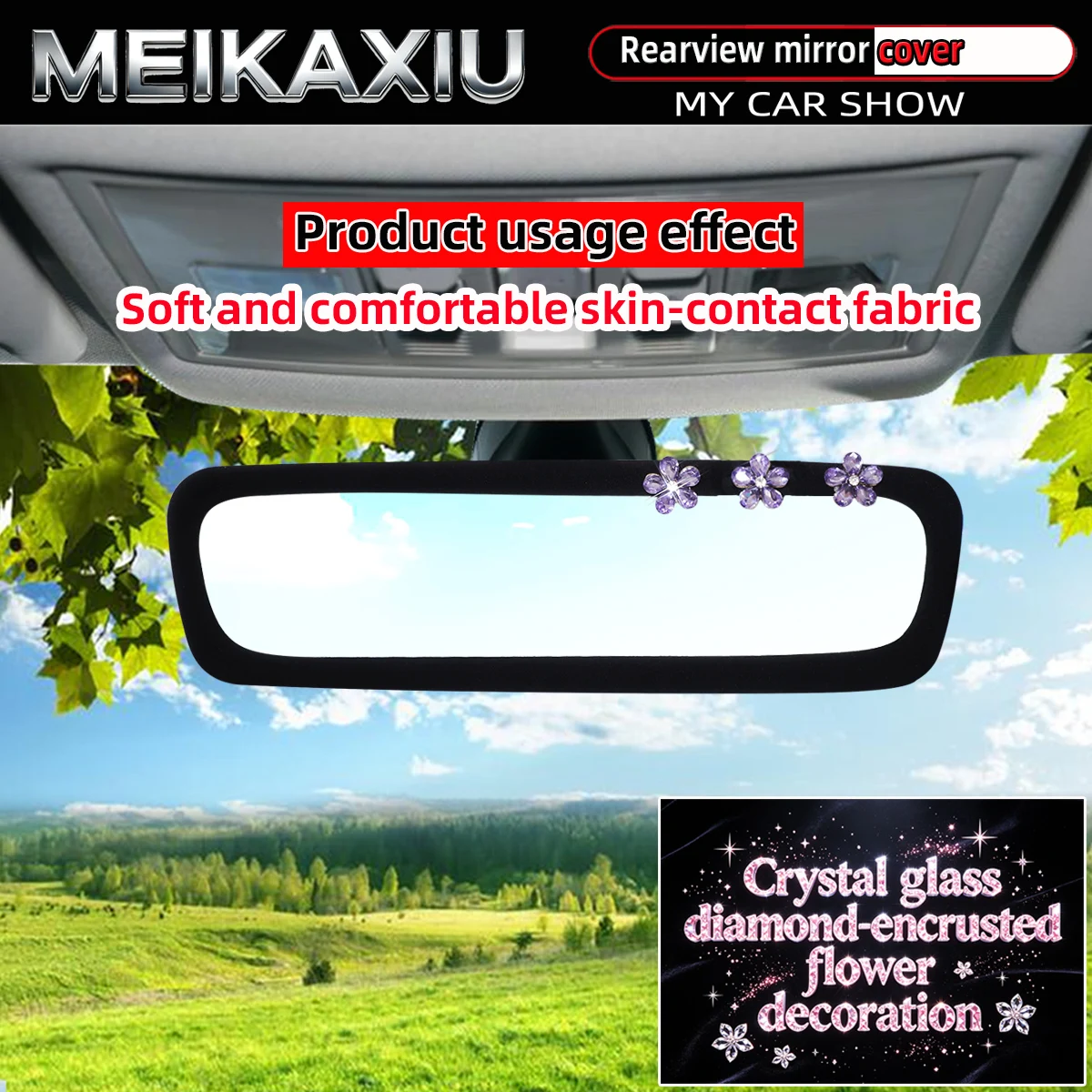 Ladies Crystal-Dazzled Flower Car Rearview Mirror Cover Skin-Friendly Fabric Automotive Interior Decoration Accessory