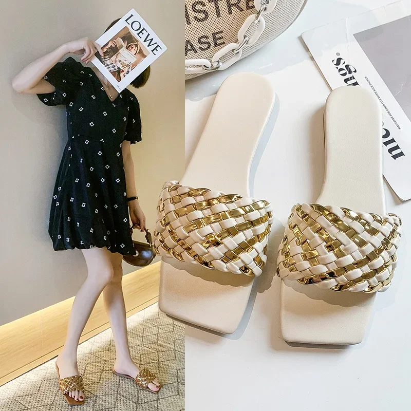 Fashion Women Slippers New Summer Square Toe Weave Shoes Outdoor Beach Slide Sandals Ladies Female Flat Slipper Woman Flip Flops