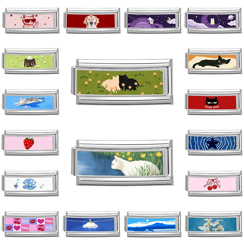 Pingente Longo Italiano Rosa Y2K de Animais Adoráveis (Cães e Gatos) para Pulseiras de Aço Inoxidável de 9mm, Joias DIY para Mulheres e Homens, Atacado