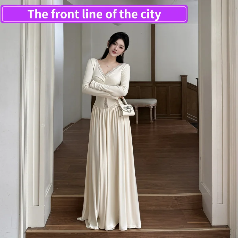 

Sexy Slim Lace Par Dr Women's L-ne High-waist Gown Dyed Nylon Fabric Long Sve High-waisted Skirt Home Wear