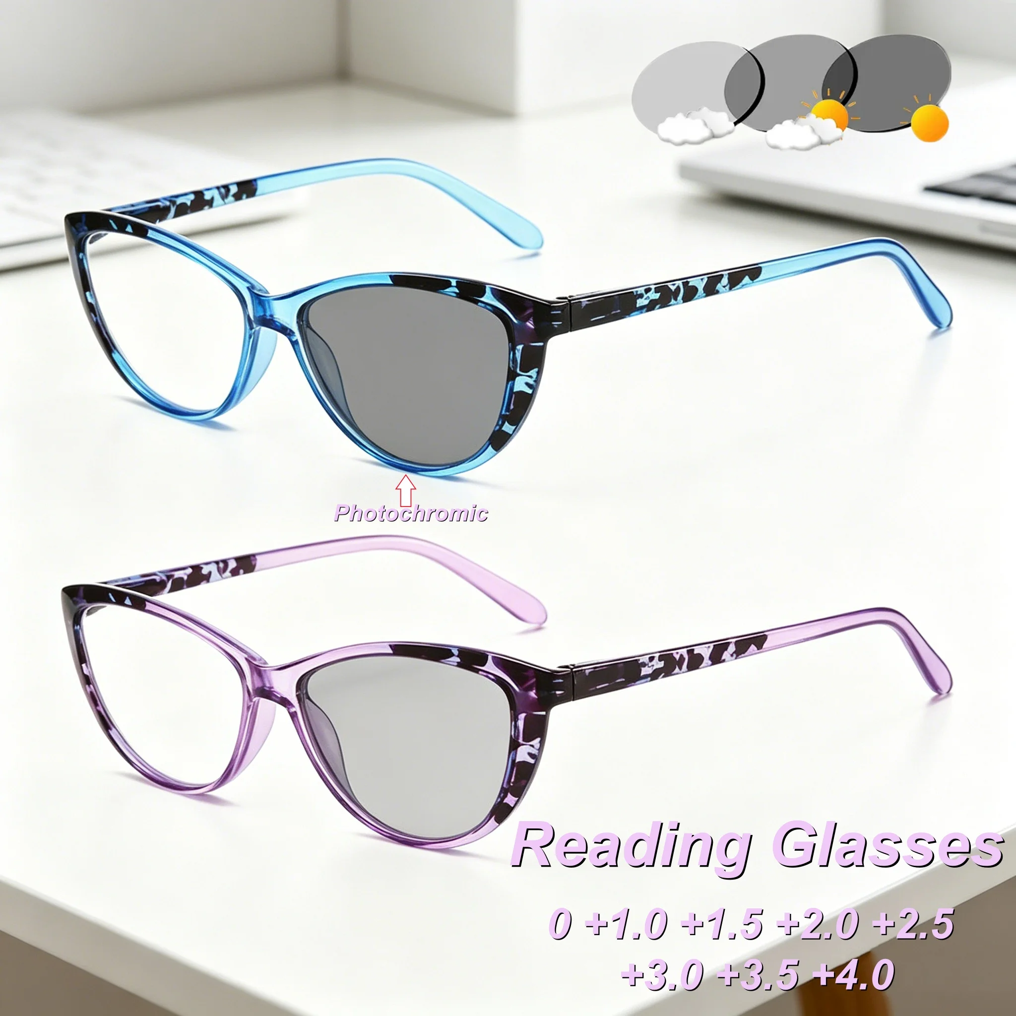 

New Fashionable Personalized Cat Eye Photochromic Women's Reading Glasses Outdoor Neutral High Quality Anti Blue Light Glasses