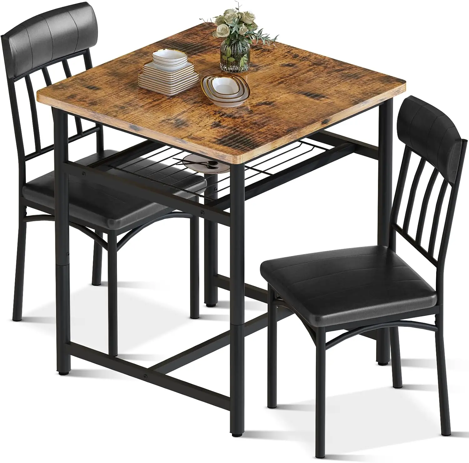 3-Piece Wooden Table And Chairs Set, Kitchen Table And Leather Chairs For 2 People, Built-In Wine Ra For Small Space, Square