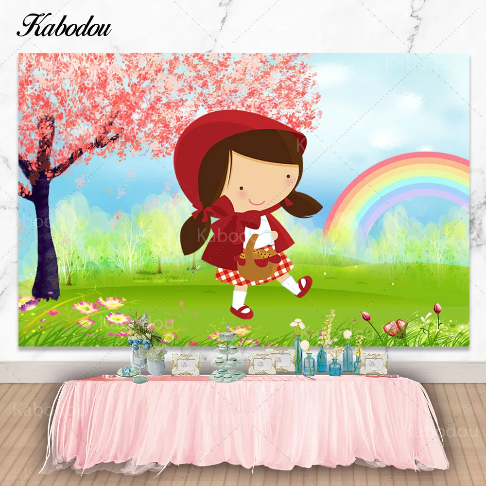 Kabodou Little Red Riding Hood Photo Backdrop Girls Birthday Photography Background Grass Vinyl Polyester Decorations Banner