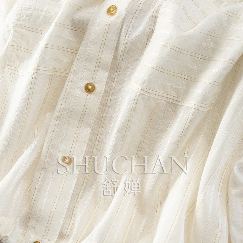 New High Style Silk Cotton Gold Silk Vertical Jacquard Shirt Jacket Women 05E4 Blusas Mujer De Moda 2025