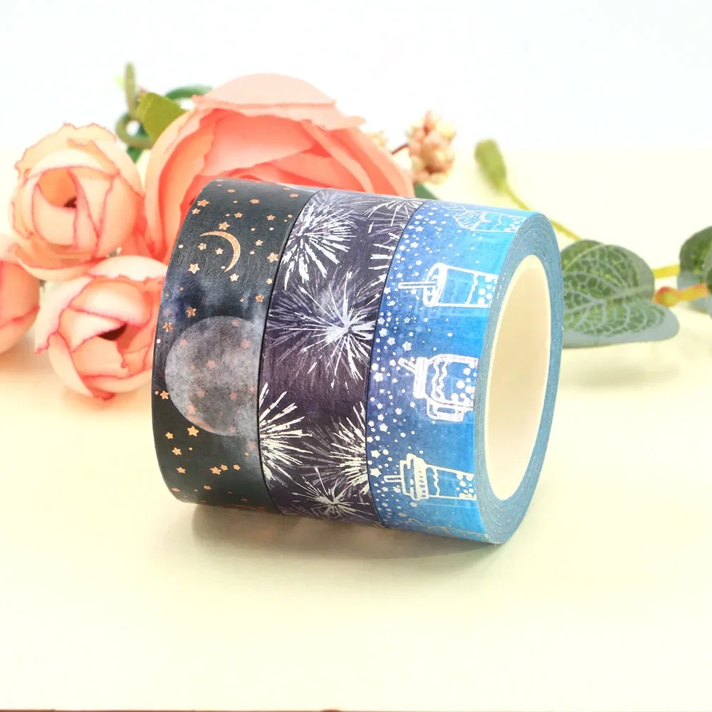 NEW 1PC. Decorative Moons Fireworks Cups Gold and Foil Washi Tape Set Scrapbooking Planner Adhesive Masking Tape Papeleria